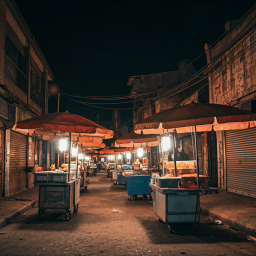 Vibrant Lagos nightlife street scene with food vendors and lights