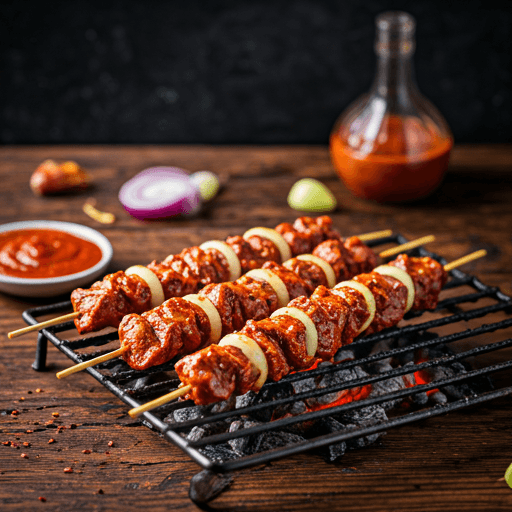 Spicy Suya meat skewers grilling over open fire with onions